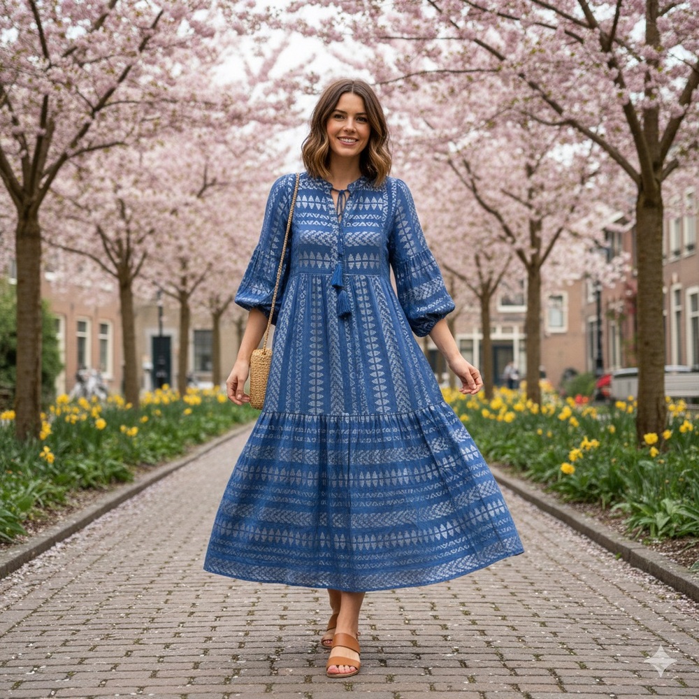 Elan Clara Blue and Metallic Silver Tiered Midi Dress Boho Resort Size‎ Large